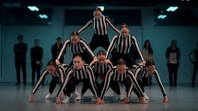 A group of dancers in black and white uniforms showcasing the importance of clever dance team coordination and artistry.
