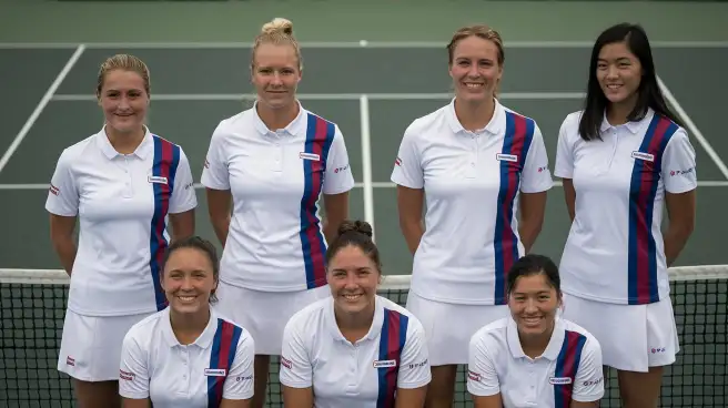 The Icelandic women's tennis team poses together, showcasing their camaraderie and spirit as a Funny Tennis Team.