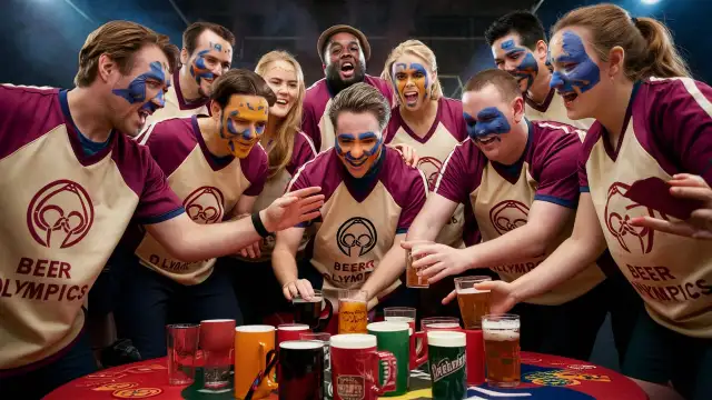 A lively group with painted faces enjoying beer, representing creative Beer Olympics Team Names in a festive atmosphere.