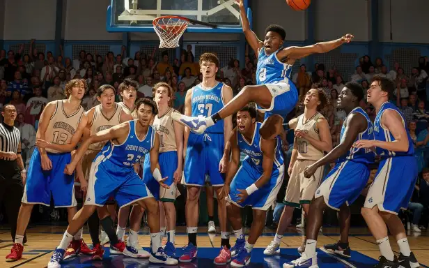 A group of basketball players in blue uniforms leaps into the air, showcasing the spirit of the Best Team Basketball.