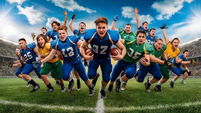 A group of football players from the Funny Kickball Team running energetically across the field during a match.