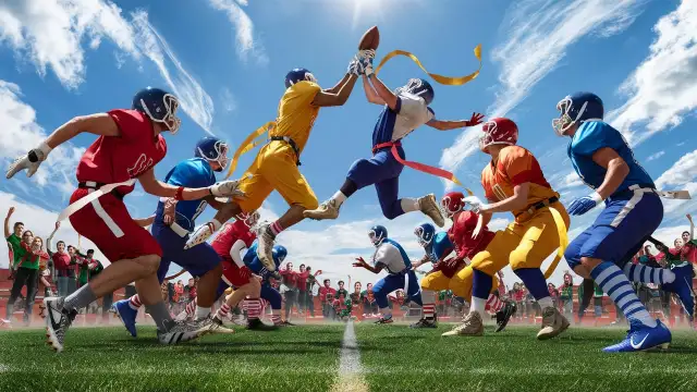 A group of football players from the Hilarious Kickball Team competes energetically on a vibrant green field.