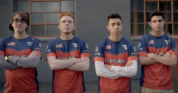 Five young men wearing red, blue, and white shirts, representing the theme of Short Clan Names in a vibrant setting.