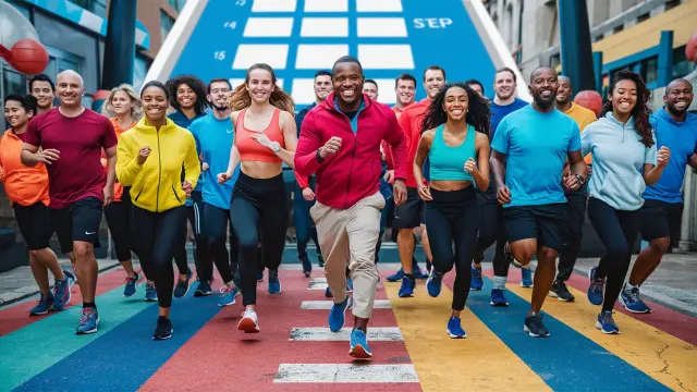 A dynamic group engaged in a running team challenge, racing down a street adorned with vibrant colors