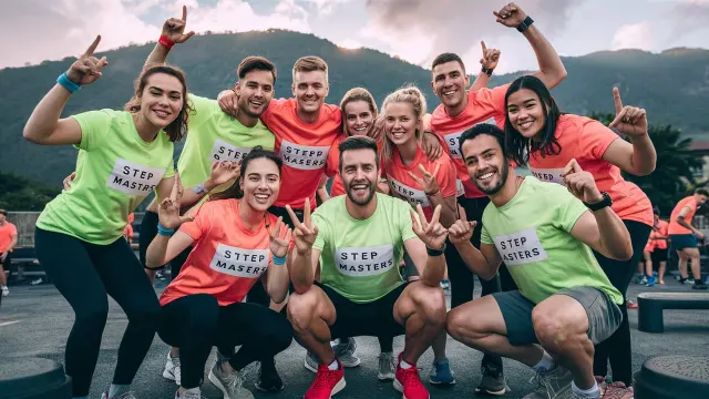 A cheerful Step Challenge Team poses together in bright shirts, smiling for a group photo against a vibrant backdrop.