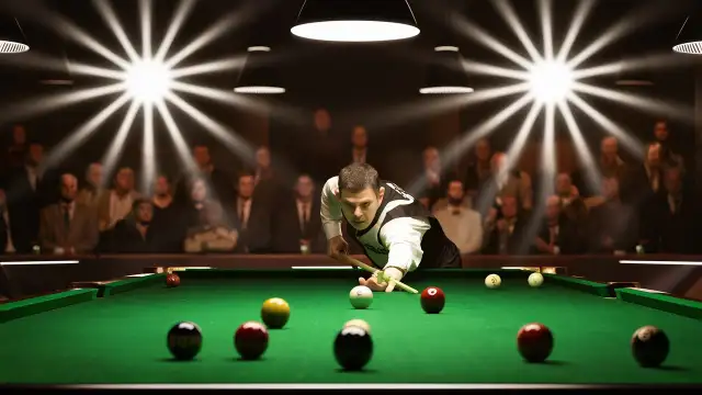 A man skillfully plays snooker in a dimly lit room, showcasing his focus and precision in the game. Clever Names For Pool.