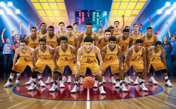 A cool basketball team poses proudly for a photo in front of an enthusiastic crowd, showcasing their team spirit and unity.