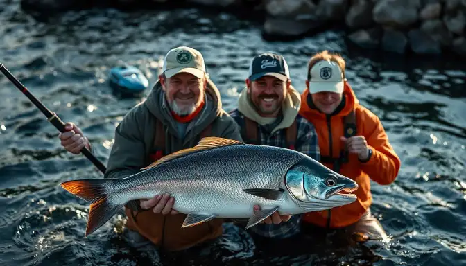 Three men from the Freshwater Fishing Team proudly hold a large fish while standing in the water, showcasing their catch.