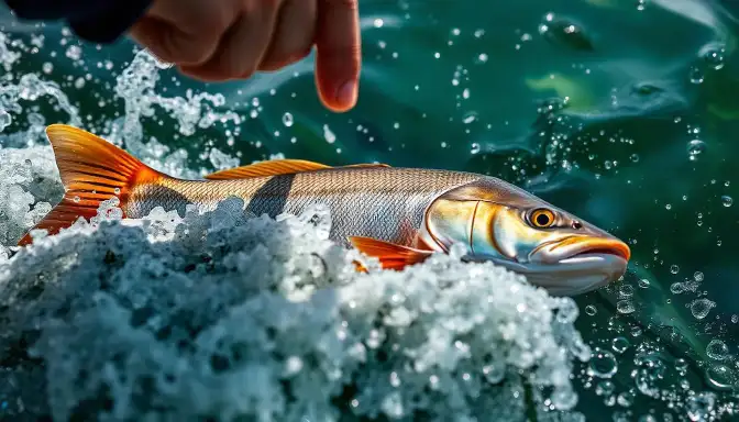 A member of the Ice Fishing Team holds a fish leaping from the water, showcasing the excitement of the catch.