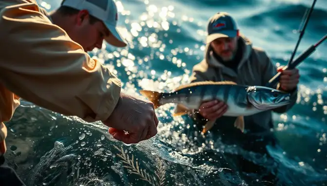 Two men from the Bass Fishing Team proudly display a fish while one holds a fishing rod, showcasing their successful catch.